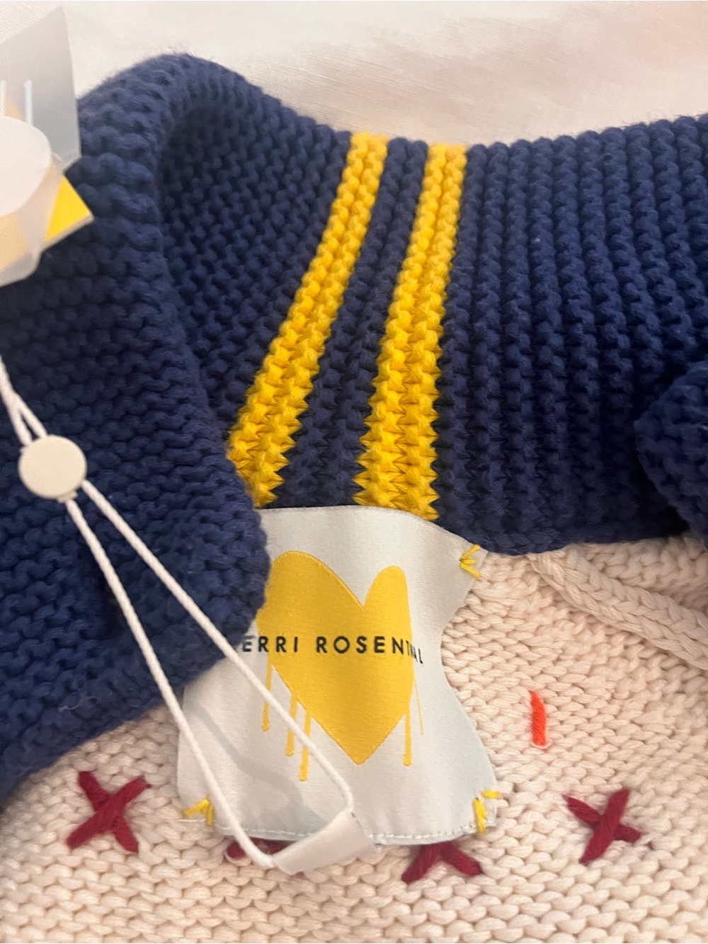 Cream Knit Sweater with Navy Heart and Multicolor Cross-Stitch Details - Picture 4 of 7